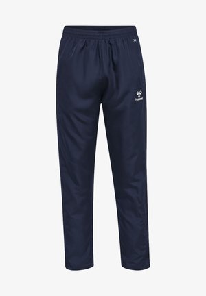 Pantaloni sportivi blu realizzati in tessuto leggero, dotati di una vita elastica e di un piccolo logo sul lato sinistro. Design a gamba dritta con texture liscia.