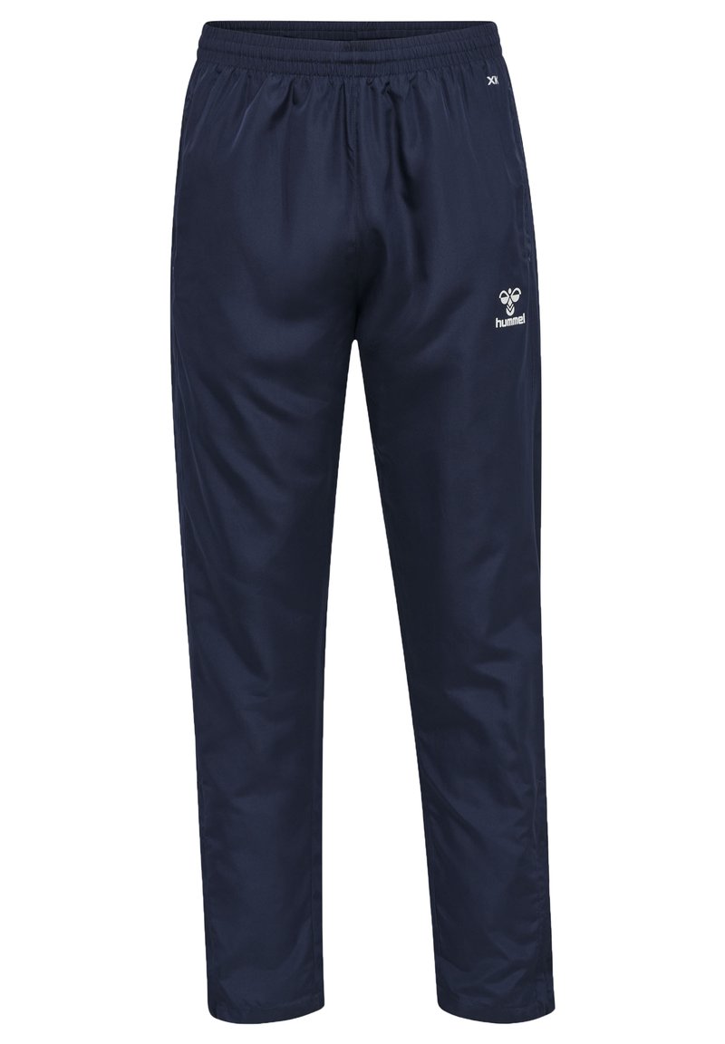 Marina sportbyxor gjorda av lättviktsmaterial, med elastisk midja och en liten logotyp på vänster sida. Rakt ben-design med slät textur.