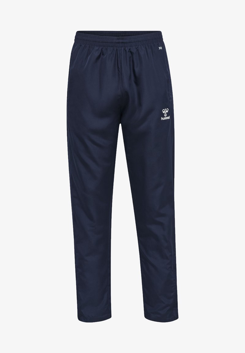 Marineblaue Sporthose aus leichtem Stoff, mit einem elastischen Bund und einem kleinen Logo auf der linken Seite. Gerades Schnittdesign mit glatter Textur.