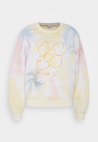 Multicolor tie-dye sweatshirt met gele grafische tekst en bloemmotief. Gemaakt van zachte stof met geribbelde boorden en zoom.