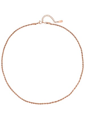 Collana a catena a corda attorcigliata in oro rosa con chiusura a moschettone e prolunga regolabile su sfondo bianco.