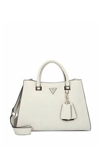 Borsa a tracolla in pelle bianca con texture, dotata di due manici, tracolla staccabile e nappina decorativa, caratterizzata da un piccolo logo triangolare GUESS.