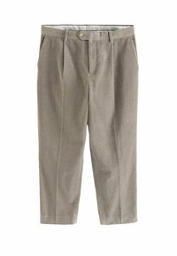 Corduroy trousers in light brown, featuring vertical stripes, a button closure, and pleats. The fabric has a soft texture with a relaxed fit.