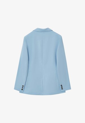 Light blue blazer with a notched collar, single vent, and long sleeves. Features four black buttons on each cuff. Smooth fabric texture.