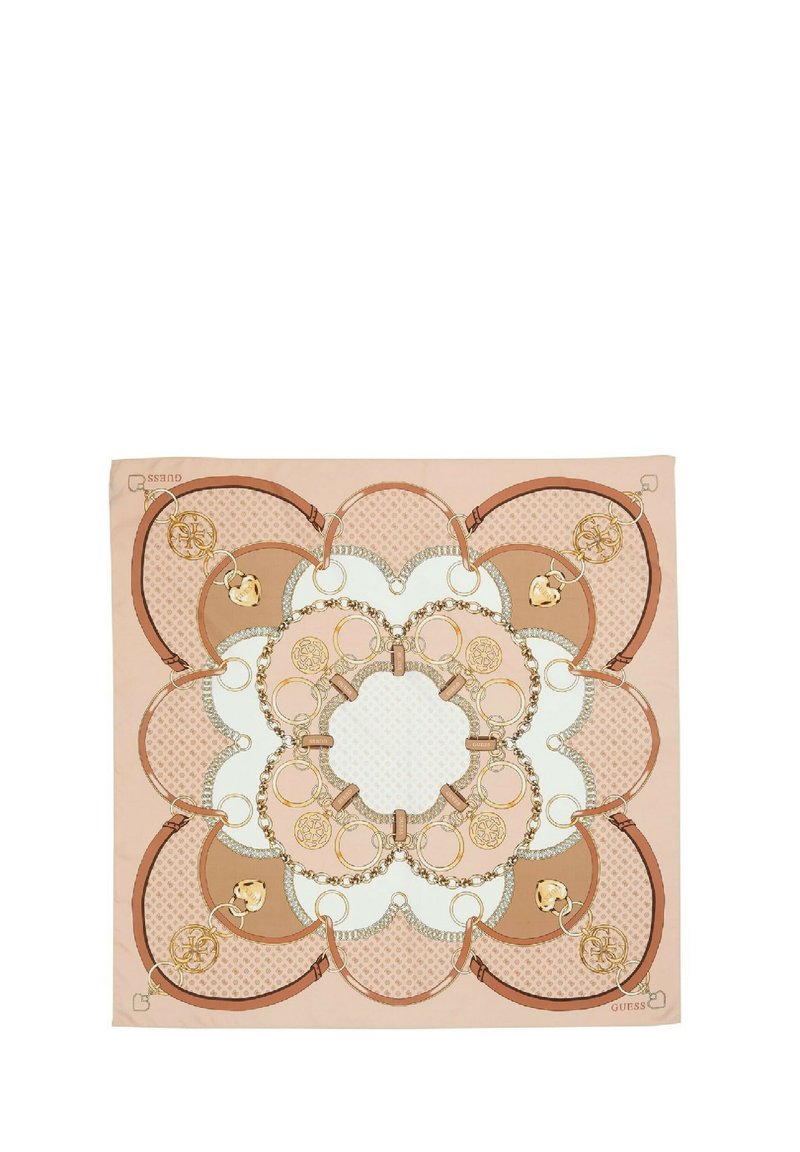 Sciarpa in seta con un design circolare in beige e crema, rifinita con accenti dorati, catene e un motivo di anelli intrecciati.