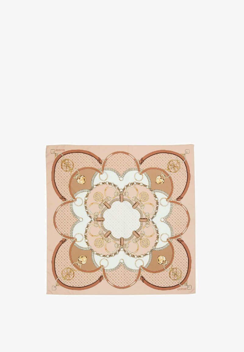 Sciarpa in seta con un design circolare in beige e crema, rifinita con accenti dorati, catene e un motivo di anelli intrecciati.