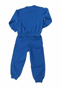 Completo tuta blu in tessuto morbido. Include una felpa con scollo rotondo, polsini a costine e pantaloni con elastico in vita abbinati.