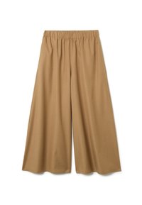 Pantalons amples marron avec une taille élastique, fabriqués dans un tissu doux. Caractéristiques : coupe décontractée et texture lisse.
