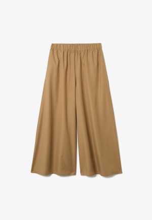 Brown wide-leg trousers with an elastic waistband, made of soft fabric. Features a relaxed fit and smooth texture.