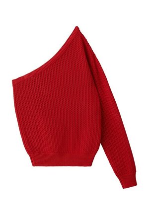 Rdeč pulover z enim ramenom iz pletenine z teksturiranim vzorcem in dolgim rokavom na desni strani.