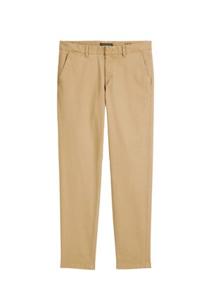 Beige Chinos aus einer Baumwollmischung, mit geradem Bein, Fronttaschen und einfacher Naht mit glatter Textur.