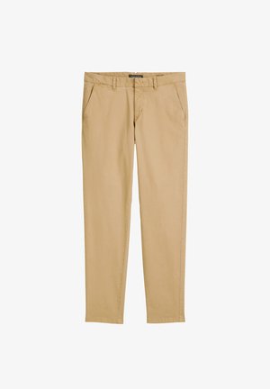 Beige Chinos aus einer Baumwollmischung, mit geradem Bein, Fronttaschen und einfacher Naht mit glatter Textur.