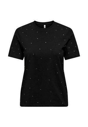 Camiseta negra de mangas cortas, confeccionada en suave algodón, con tachuelas metálicas dispersas por toda la tela que añaden textura y detalle.