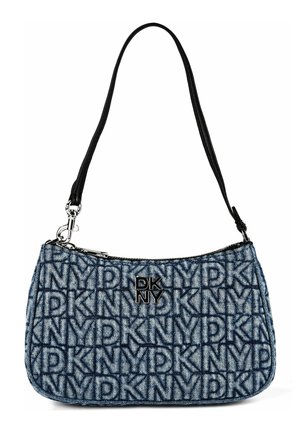 Denim shoulder bag with repeating "DKNY" logo pattern, black strap, silver zipper, and metal "DKNY" emblem on front center.