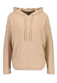 Beżowa bluza z kapturem wykonana z miękkiego materiału, z kieszenią kangurzątka, sznurkami do regulacji oraz luźnym krojem z opadającymi ramionami.