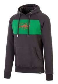 Dunkelgrauer Pullover-Hoodie mit einem großen grünen horizontalen Streifen über die Brust. Mit rotem Logo-Text und einer Fronttasche. Mit Kordelzug in der Kapuze.