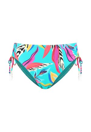 Colorful bikini bottom in turquoise with vibrant leaf patterns in pink, yellow, and black. Adjustable tie sides with decorative accents.