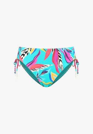 Kleurrijke bikini onderkant in turquoise met levendige bladsilhouetten in roze, geel en zwart. Verstelbare zijkanten met decoratieve accenten.