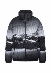 Chaqueta acolchada en blanco y negro con un alto cuello, que presenta un patrón de montañas en degradado, cierre de cremallera frontal y dos bolsillos laterales.