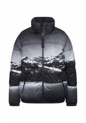Padded černobílá bunda s vysokým límcem, s gradientním vzorem hor, zapínáním na zip v přední části a dvěma bočními kapsami.