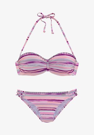 Zwei-Teile-Bikini-Set in rosa und lila Streifen, bestehend aus einem Bandeau-Oberteil mit verstellbaren Bindebändern und passenden, niedrig sitzenden Unterteilen mit seitlichen Details.