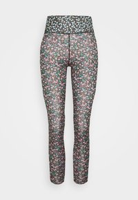 Leggings floreali con una base nera e un motivo di piccoli fiori rosa e blu, cintura elastica e design aderente.