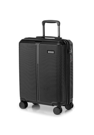 Black hard shell suitcase with a ribbed texture, retractable handle, and four swivel wheels. Features a combination lock and logo detail.