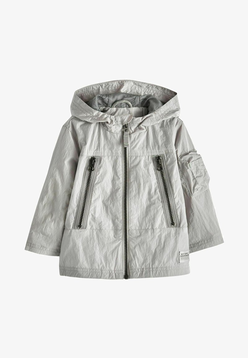 Light gray jacket made of crinkled fabric, featuring a hood, two front zip pockets, and a zip arm pocket with silver hardware accents.