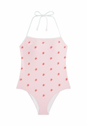 Lyserød og hvidstribet badedragt i ét stykke med rødt monogrammønster og hvide stropper, der bindes i nakken.