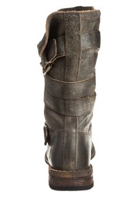 Szare skórzane botki za kostkę o postarzanym wykończeniu, z dodatkowymi paskami, lekko zaokrąglonym noskiem oraz niskim, zwężającym się obcasem.