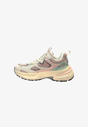 Chaussure de sport avec un mélange de matériaux en maille et synthétiques ; les couleurs incluent crème, rose et vert menthe ; présente une surface texturée et une semelle à motifs.