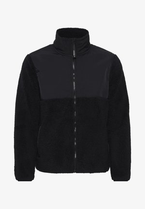 Black fleece jacket featuring a zippered front, high collar, and smooth fabric panels on the upper chest and sleeves.