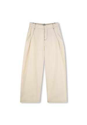Beige wide-leg trousers made of cotton with contrasting stitching. Features two side pockets and a front button closure.