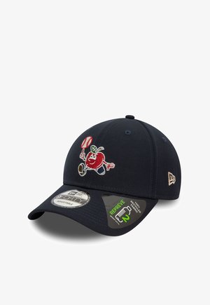 Black adjustable baseball cap with smiling red apple character holding a baseball on the front and fabric labels on the brim.