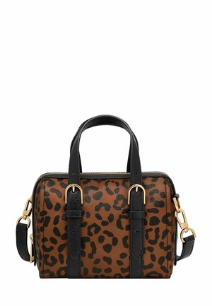 Sac à main en imprimé léopard brun et noir, doté de quincaillerie dorée, de poignées supérieures doubles et d'une bandoulière amovible. Fini texturé.