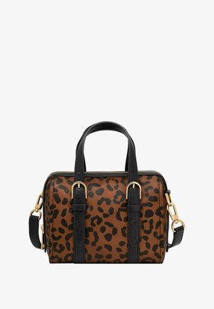 Sac à main en imprimé léopard brun et noir, doté de quincaillerie dorée, de poignées supérieures doubles et d'une bandoulière amovible. Fini texturé.