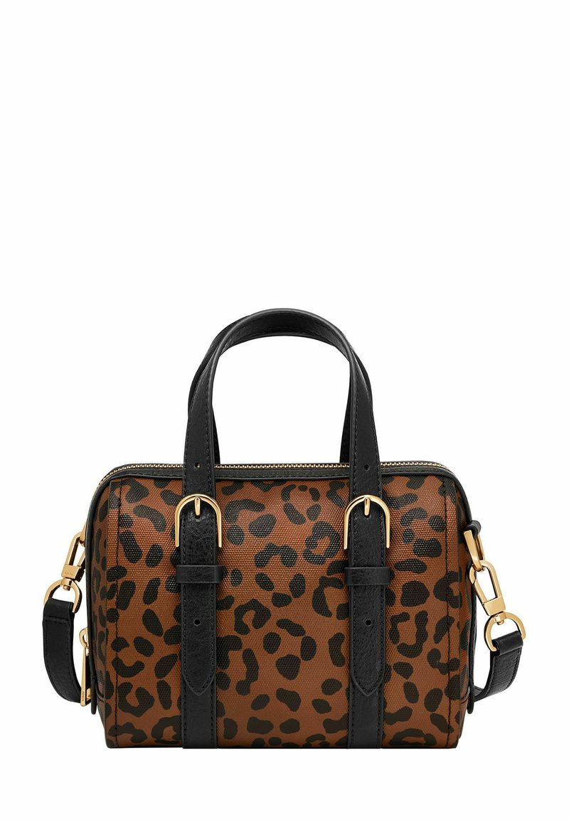 Sac à main en imprimé léopard brun et noir, doté de quincaillerie dorée, de poignées supérieures doubles et d'une bandoulière amovible. Fini texturé.