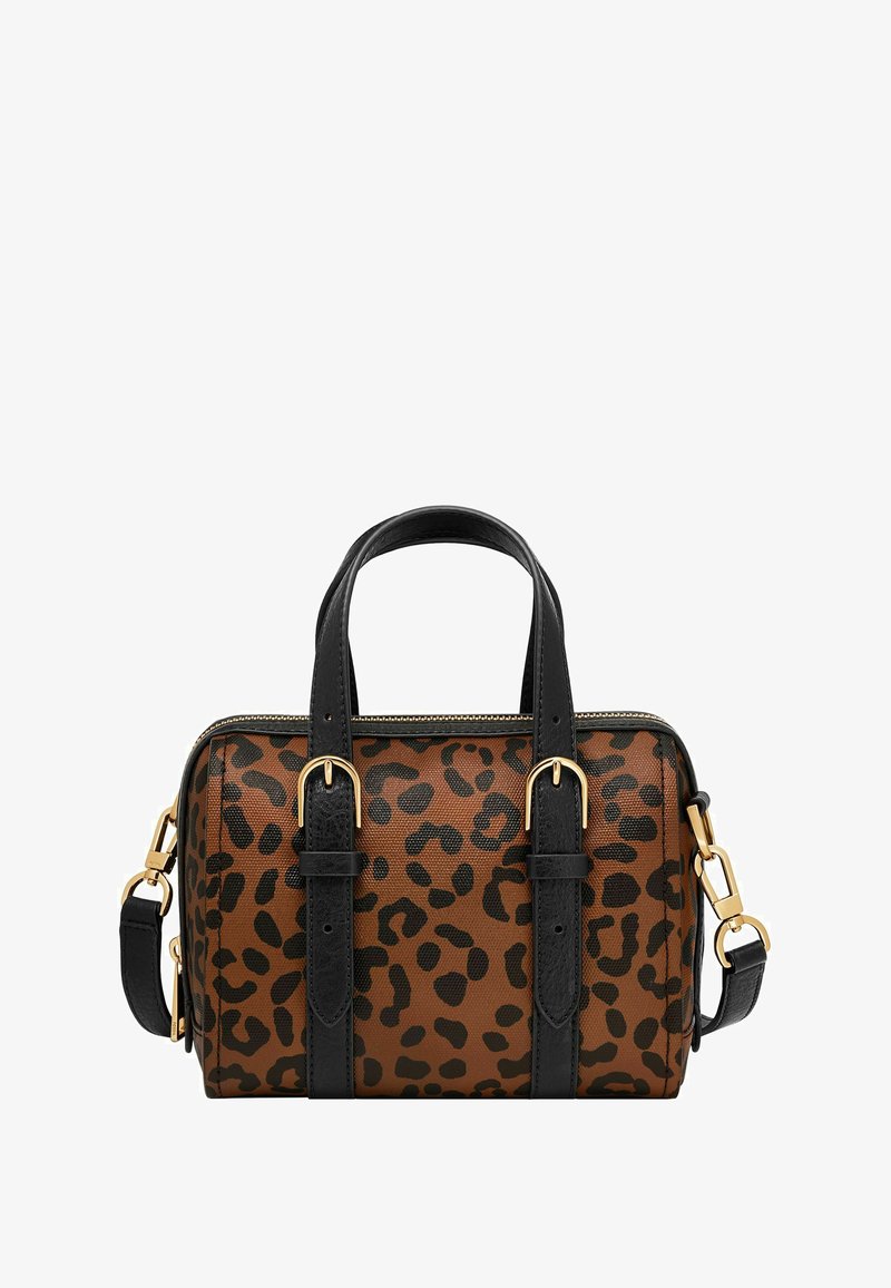 TASCHE IM LEOPARDENMUSTER IN BRAUN UND SCHWARZ, MIT GOLDENEN BESCHLAGTEILEN, DOPPELTEN OBEREN GRIFFEN UND EINEM ABNEHMBAREN SCHULTERGURT. STRUKTURIERTE OBERFLÄCHE.