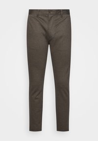 Spodnie slim-fit w ciemnoszarym materiale, z zapięciem na guzik, szlufkami na pasek oraz gładką teksturą bez wzorów czy akcentów.