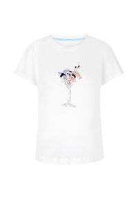 Weißes Baumwoll-T-Shirt mit einem bedruckten Design eines Dessertglases, gefüllt mit buntem Eiscreme und Sushi, akzentuiert mit Essstäbchen.