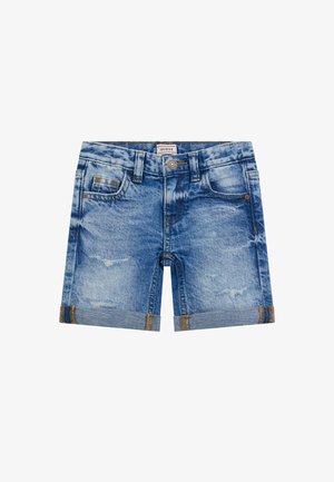 Világoskék farmer rövidnadrág, díszített részletekkel, felgöngyölt nadrághímzéssel és öt zsebes kialakítással. Az övbe egy márkázott címke van varrva.