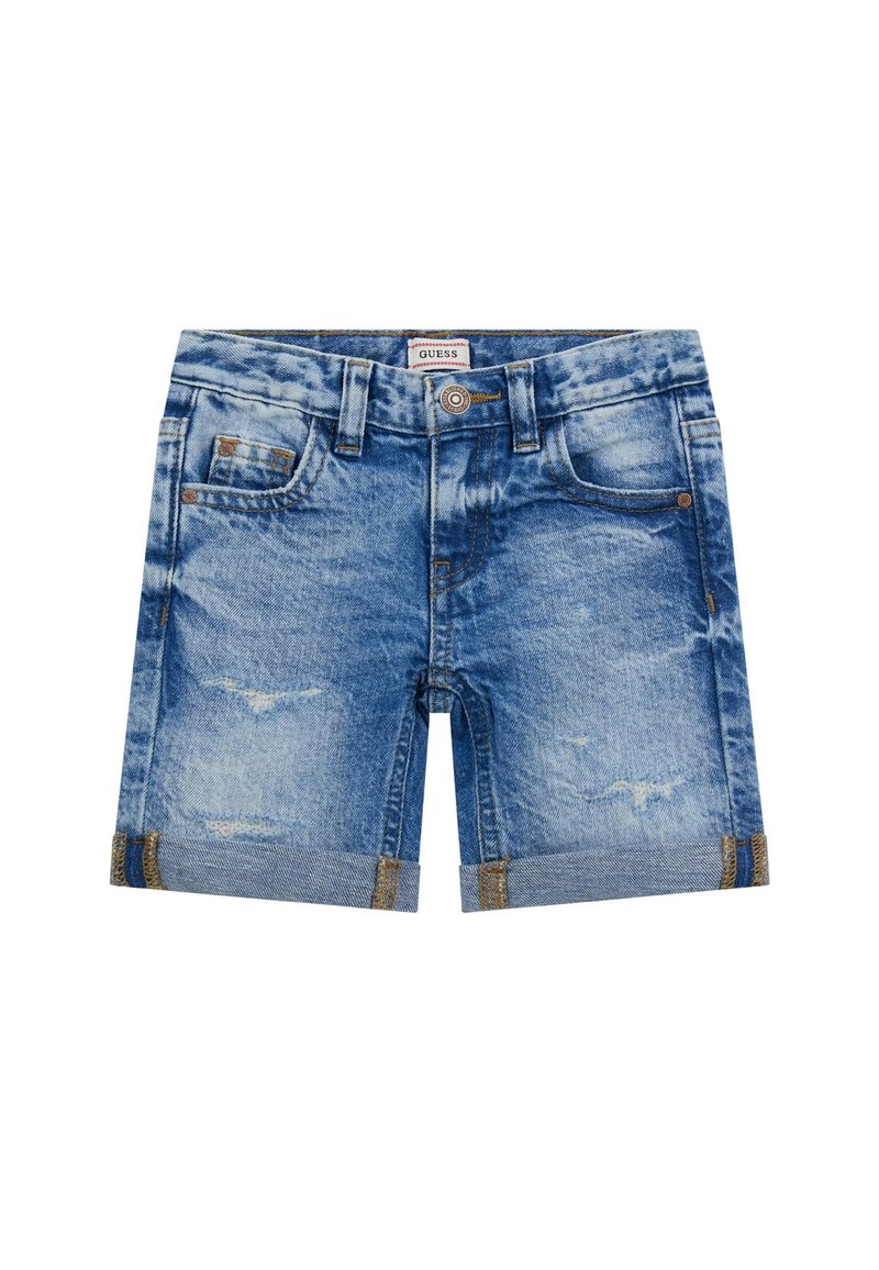 Ljusblå denimshorts med slitna detaljer, uppvikta fållar och femfickorsdesign. Har en märkeslapp på midjebandet.