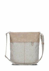 Borsa a tracolla beige e grigio chiaro con tracolla regolabile e patta superiore pieghevole realizzata in materiale liscio.