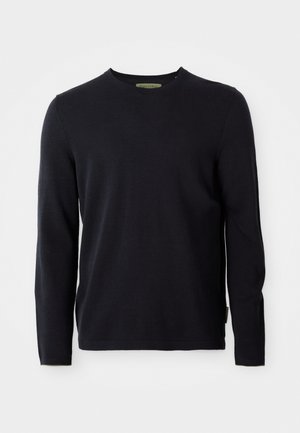Black long-sleeve crew neck sweater, plain design, displayed on white background, with a subtle brand label inside the collar.