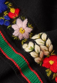 Tissu noir mettant en valeur une broderie florale en rose, blanc, rouge et bleu, avec un détail de rayure tissée verte et rouge. Éléments de design texturé visibles.