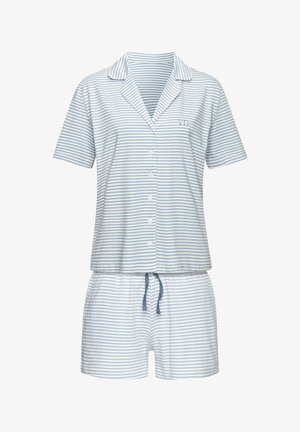 Lühikeste varrukatega triibuline pidžaama komplekt helesinisest ja valgest, millel on nööbitav ülaosa ja nööriga lühikesed püksid küljetaskutega.