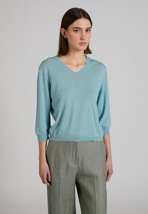 Młoda kobieta o prostych brązowych włosach, ubrana w jasnoniebieski sweter z dekoltem w serek i szare spodnie, na jednolitym szarym tle.