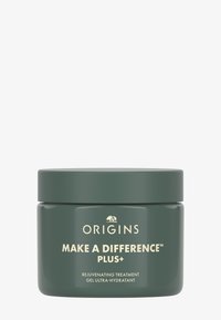 Origins Make A Difference Plus+; tarro cilíndrico verde oscuro con textura lisa; texto de marca en color crema en la parte frontal.