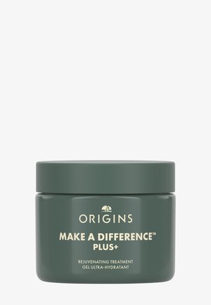 Origins Make A Difference Plus+; dunkelgrünes, zylindrisches Gefäß mit glatter Oberfläche; cremefarbener Markenaufdruck auf der Vorderseite.