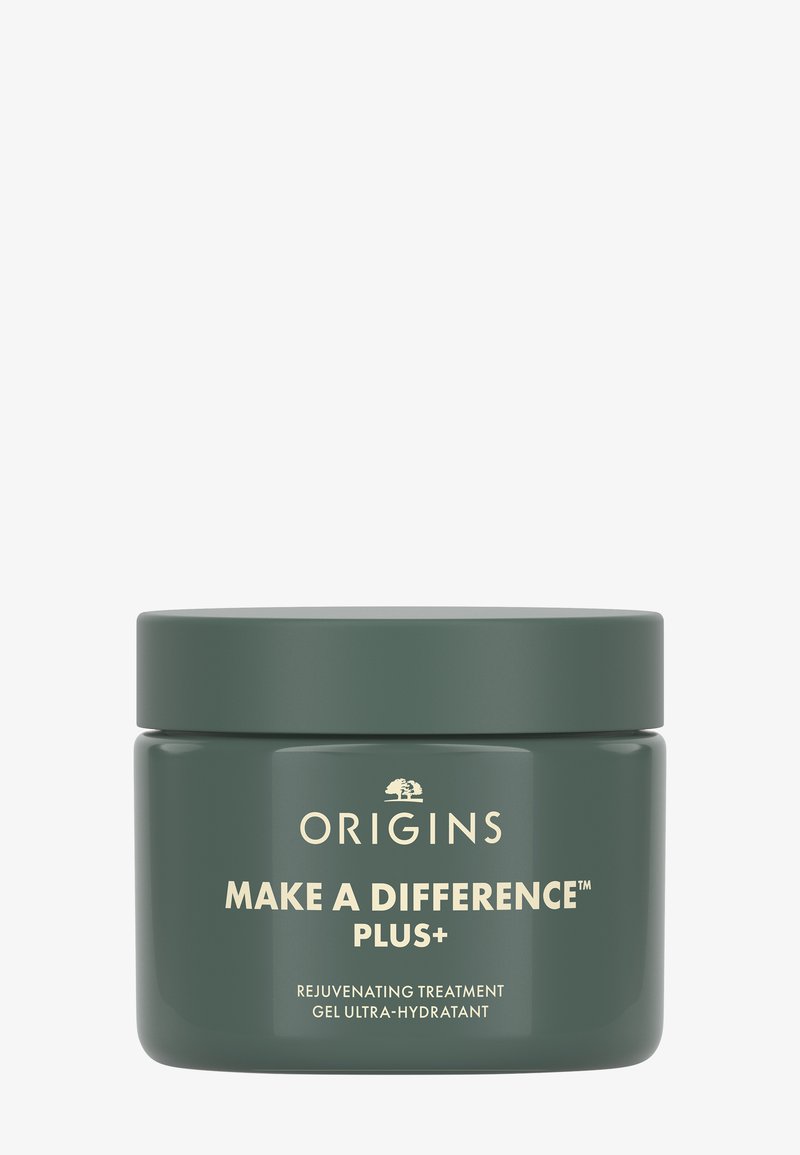 Origins Make A Difference Plus+; tarro cilíndrico verde oscuro con textura lisa; texto de marca en color crema en la parte frontal.